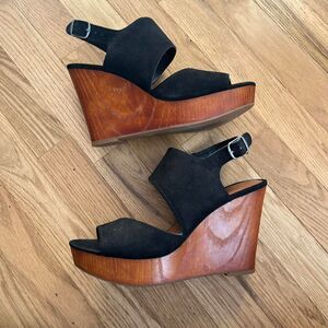 Lucky Brand Women's Latella Platform Wood Wedge Sandals Black Slingback Size 10